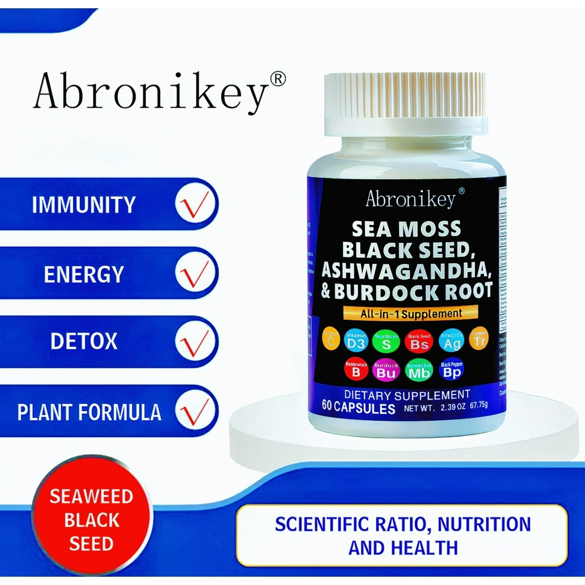 Abronikey Sea Moss 60 Capsules Immune Support & Digestive Health Natural Sea Moss Supplement Rich In Minerals & Vitamins